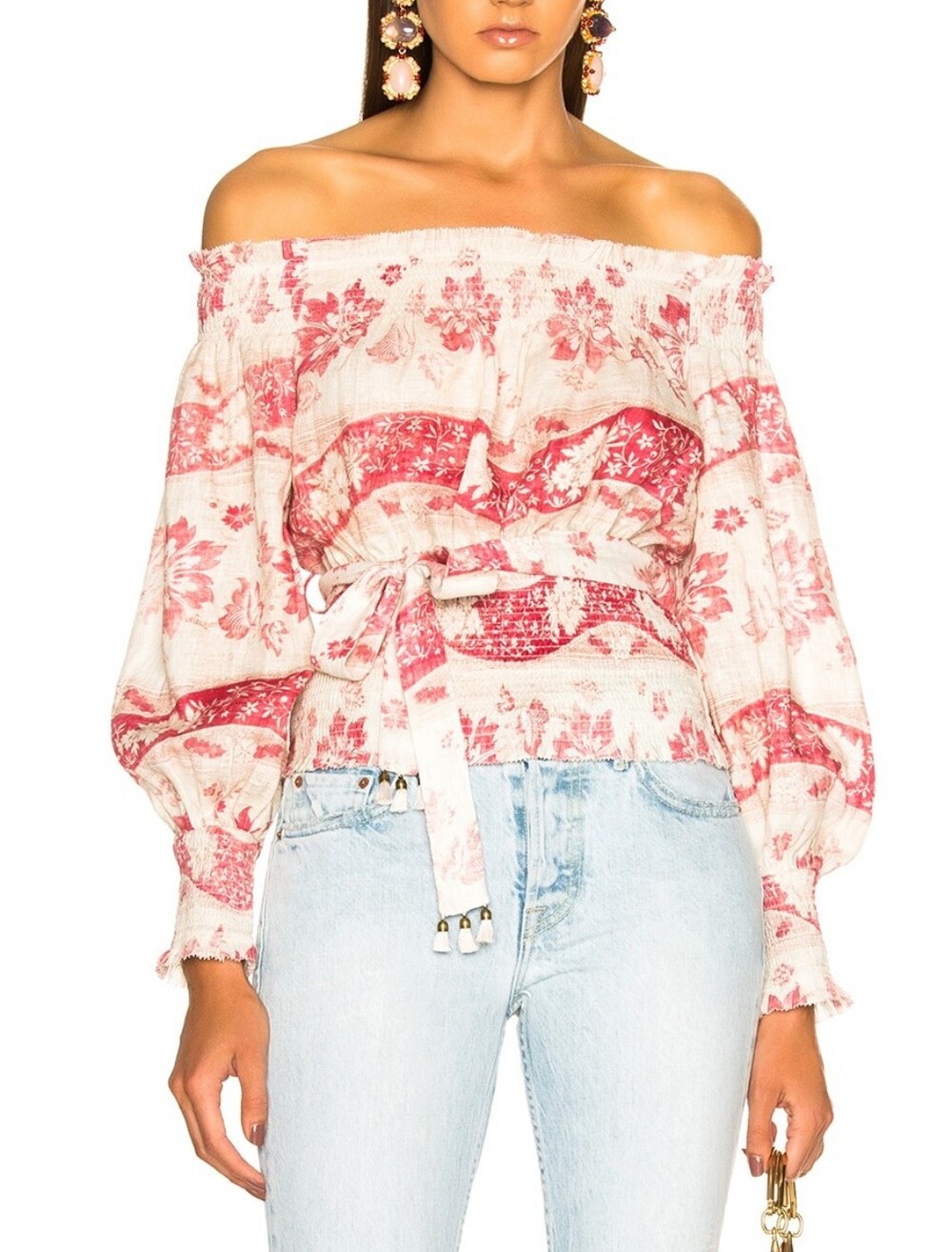 Zimmermann Pink Floral 100% Linen Off-The-Shoulder Puff-Sleeve Smocked Top SM